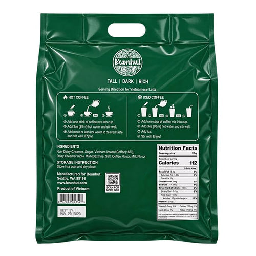 Beanhut Vietnamese Latte 3-in-1 Instant Coffee, 50 Sticks