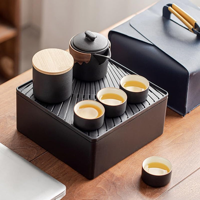 BFKRYP Black Travel Tea Set for Brewing on the Go