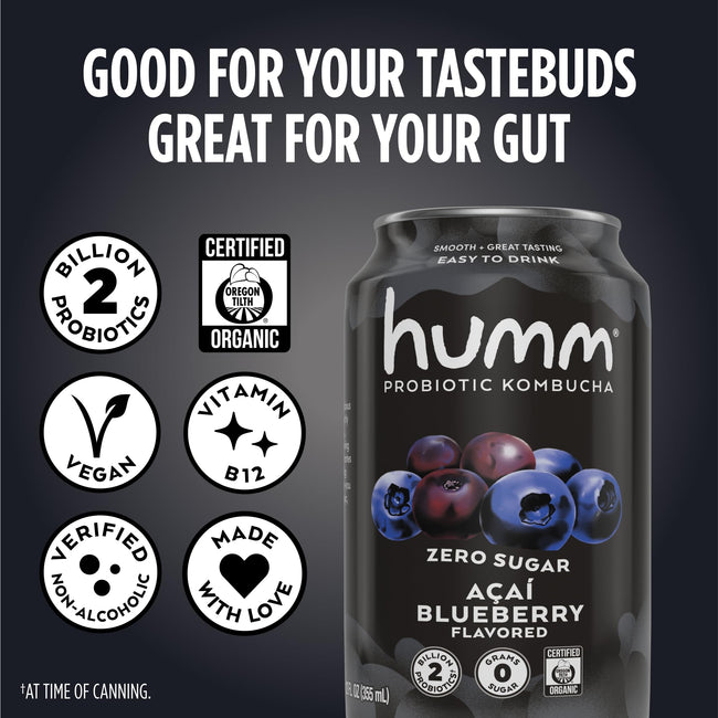 Humm Organic Zero Sugar Probiotic Kombucha, 12 oz Cans