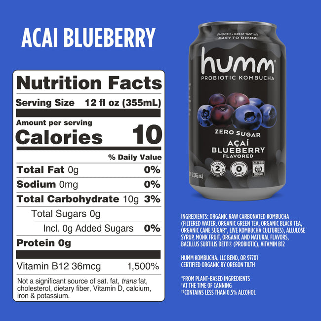 Humm Organic Zero Sugar Probiotic Kombucha, 12 oz Cans